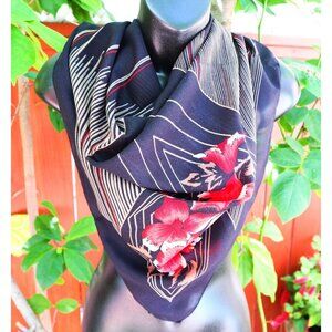 Vintage Fashion Scarf Black With Red Flower